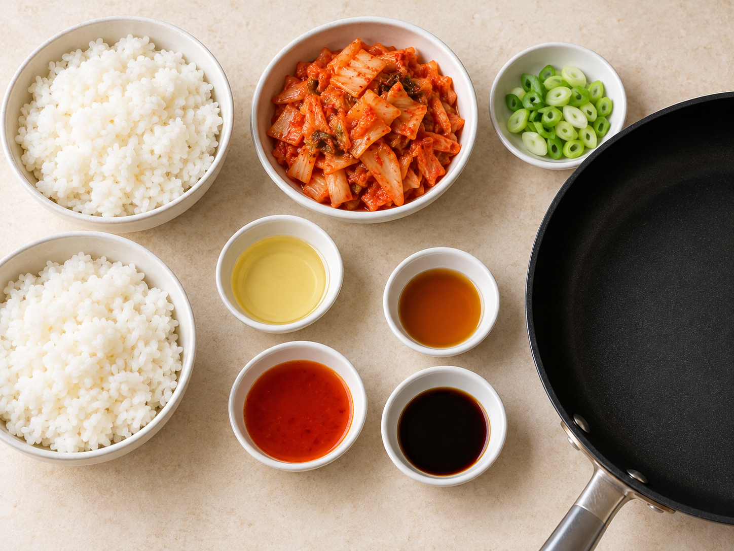 AI illustration of cooked rice, kimchi, scallion, oils and optional seasonings