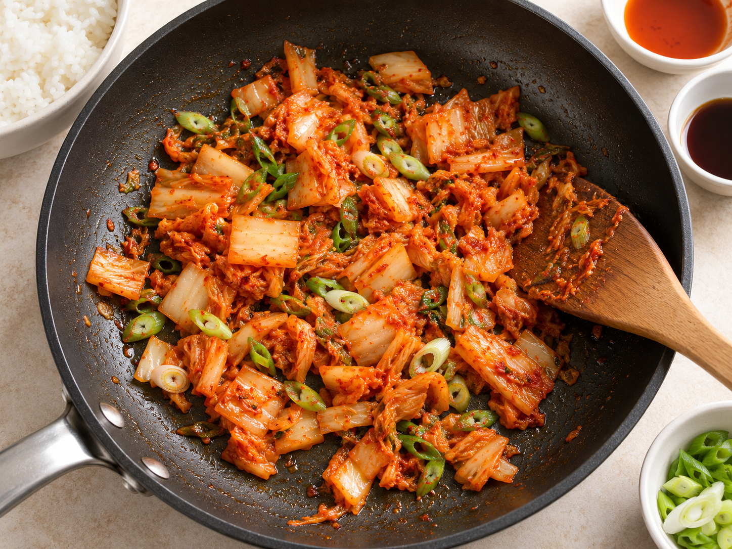AI illustration of kimchi and scallion cooking in a skillet