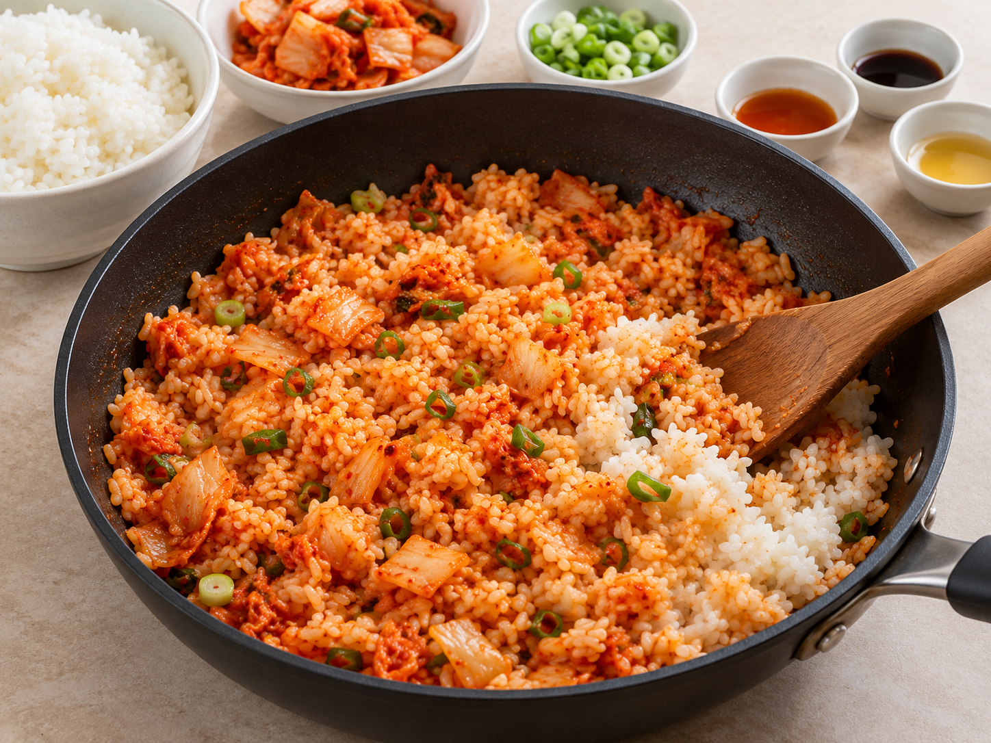 AI illustration of cooked rice being folded into kimchi
