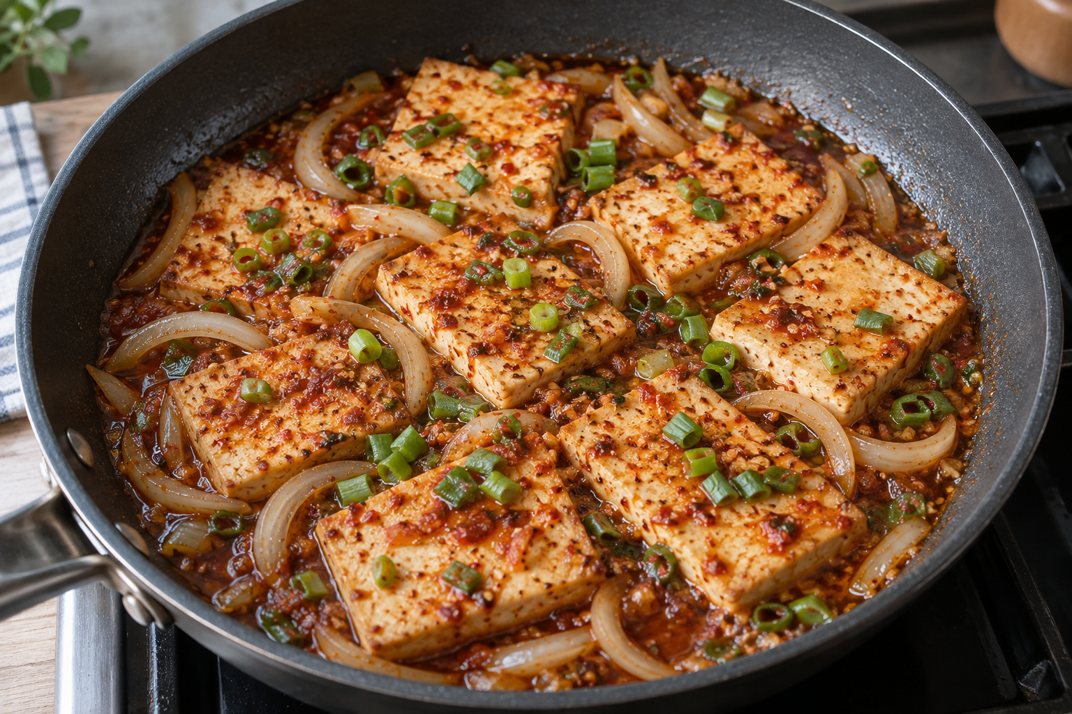 Tofu with onion and scallions simmering in soy and chili sauce — AI-generated illustration