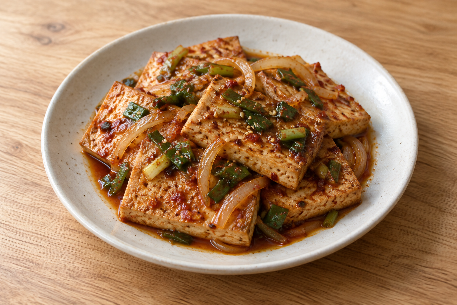 Korean braised tofu with onion, scallions and sesame seeds — AI-generated serving illustration