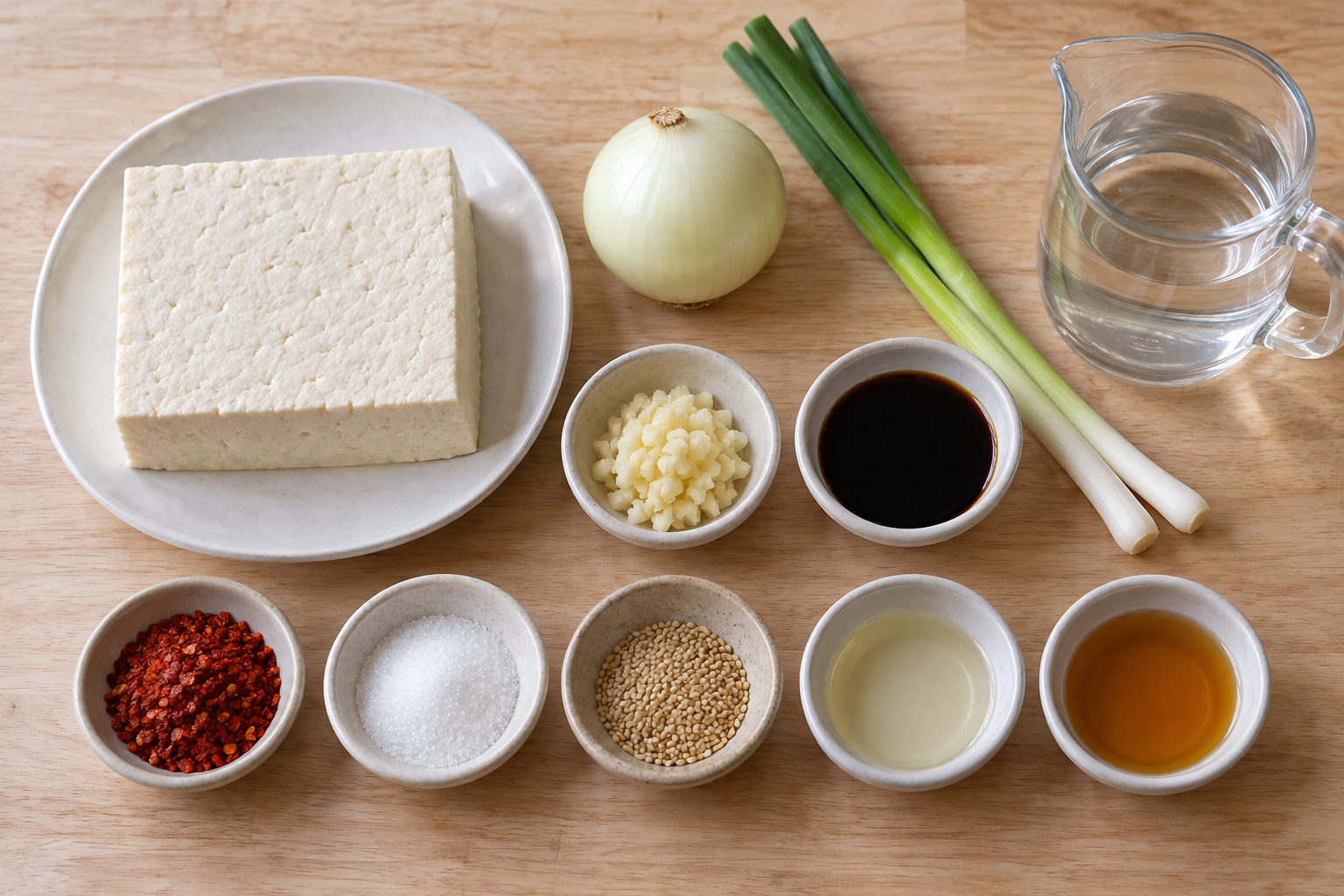 Firm tofu, onion, scallions and seasonings for dubu jorim — AI-generated illustration