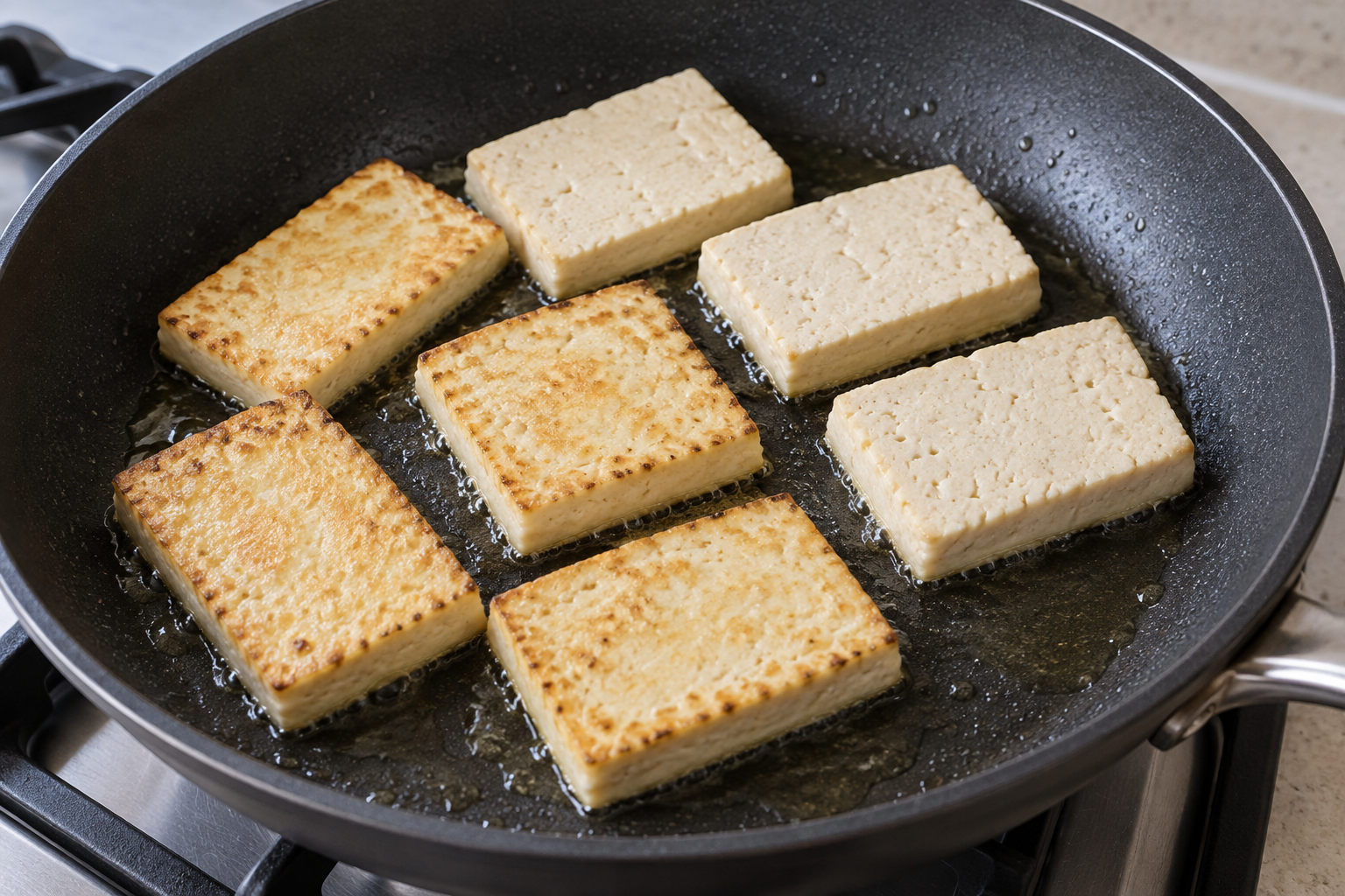 Rectangular firm tofu slices browning in one layer in a skillet — AI-generated illustration