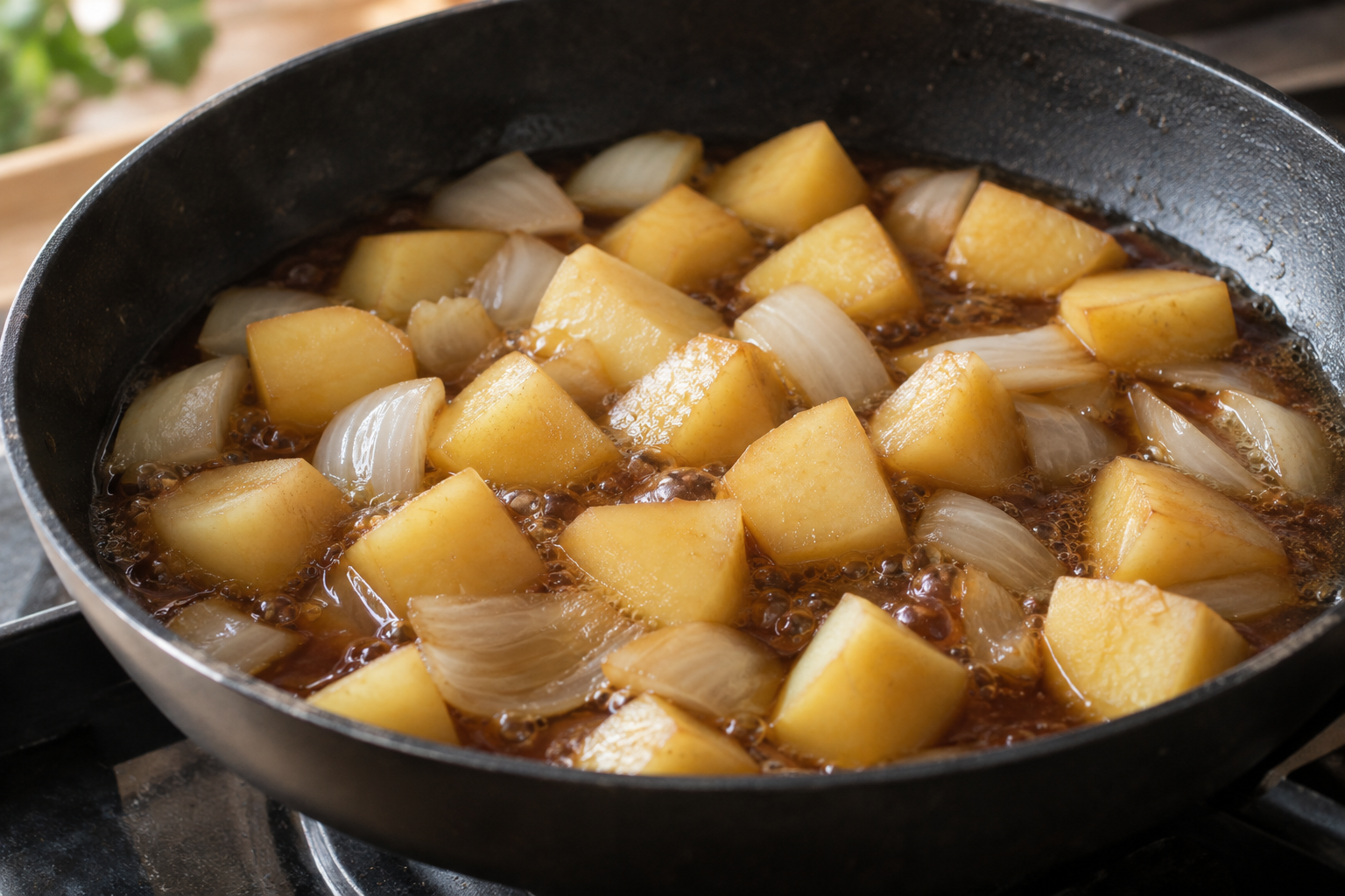 Potato cubes and onion simmering in soy sauce — AI-generated illustration