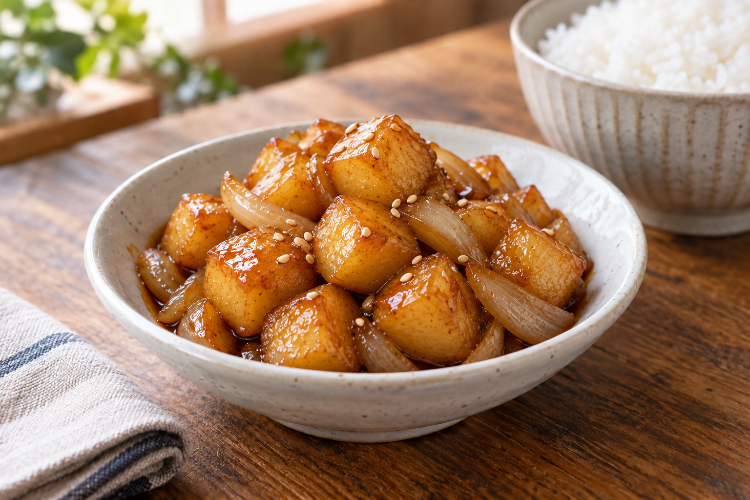 Finished diced Korean soy-braised potatoes with sesame seeds — AI-generated illustration