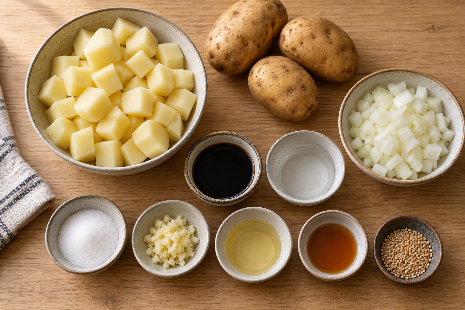 Diced potatoes, onion and sauce ingredients for gamja jorim — AI-generated illustration