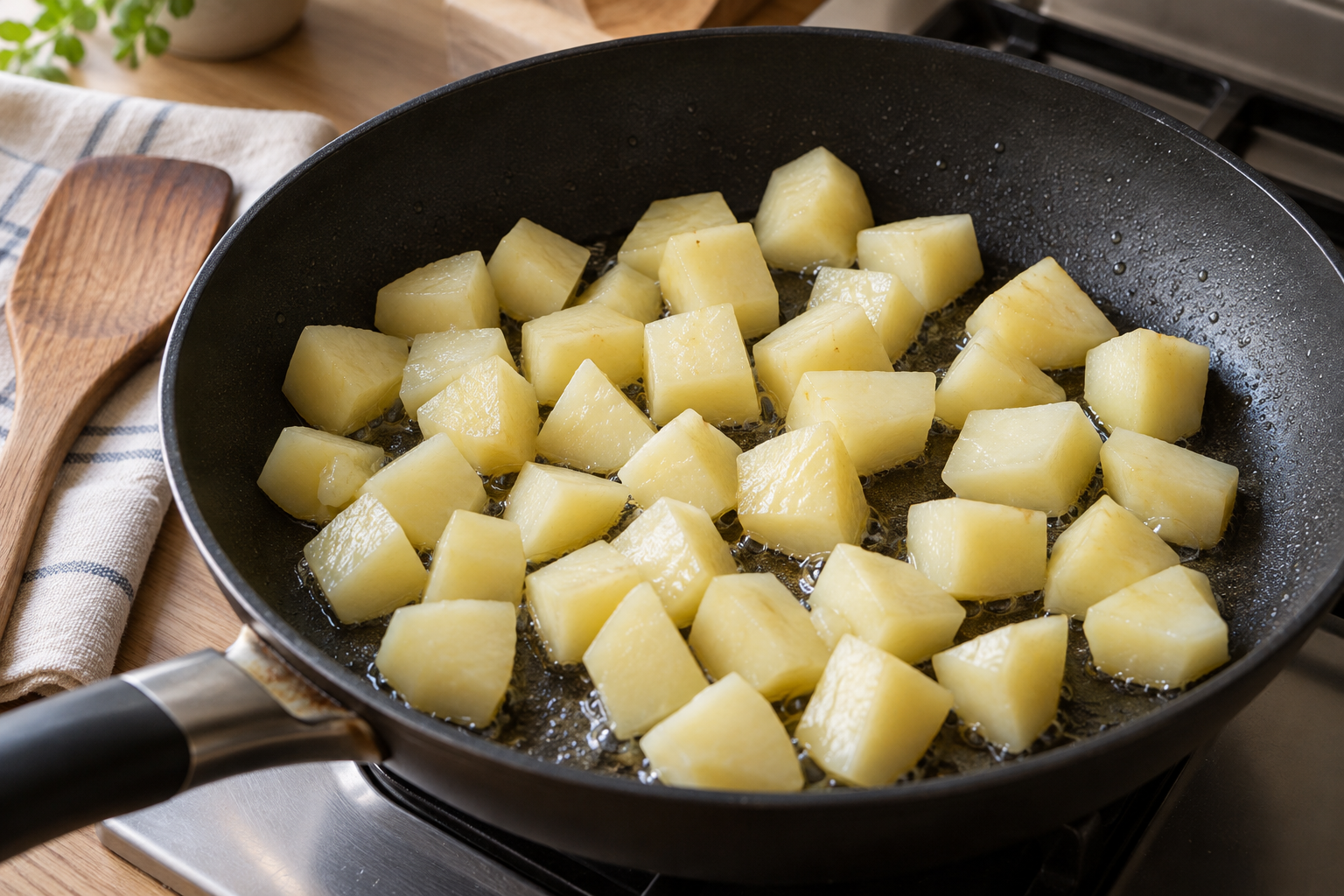 Peeled potato cubes sautéing in a lightly oiled skillet — AI-generated illustration
