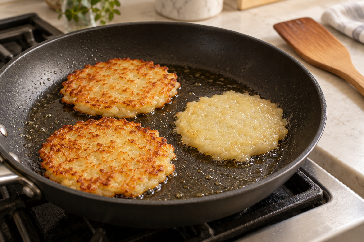 Small Korean potato pancakes cooking in a lightly oiled pan — AI-generated cooking illustration