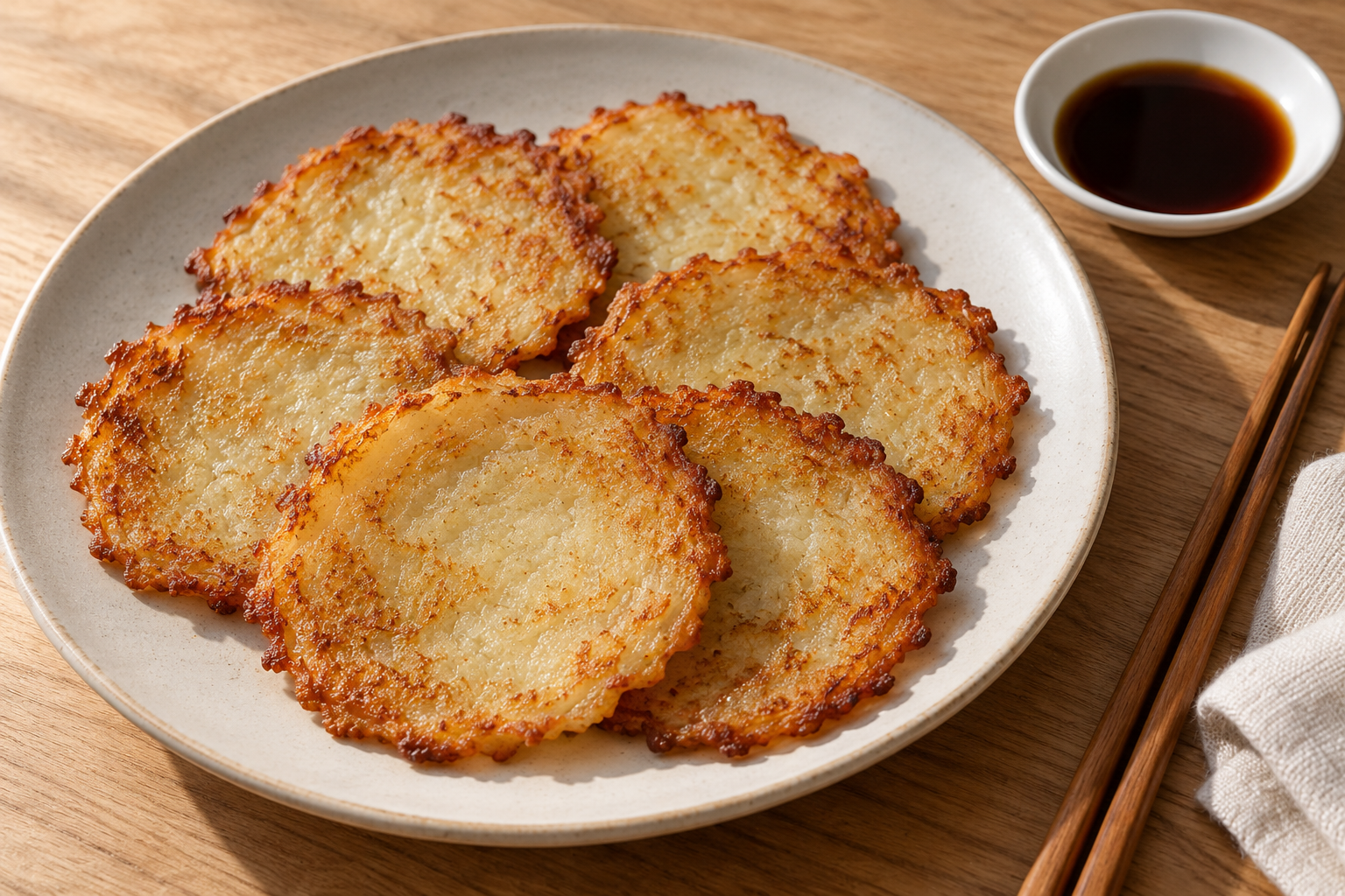 Golden gamjajeon served with a separate soy dipping sauce — AI-generated finished-dish illustration