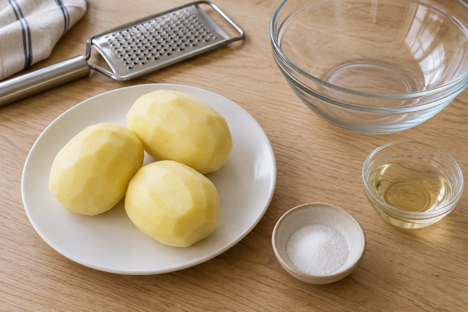 Peeled potatoes, salt, oil and a grater — AI-generated ingredient illustration