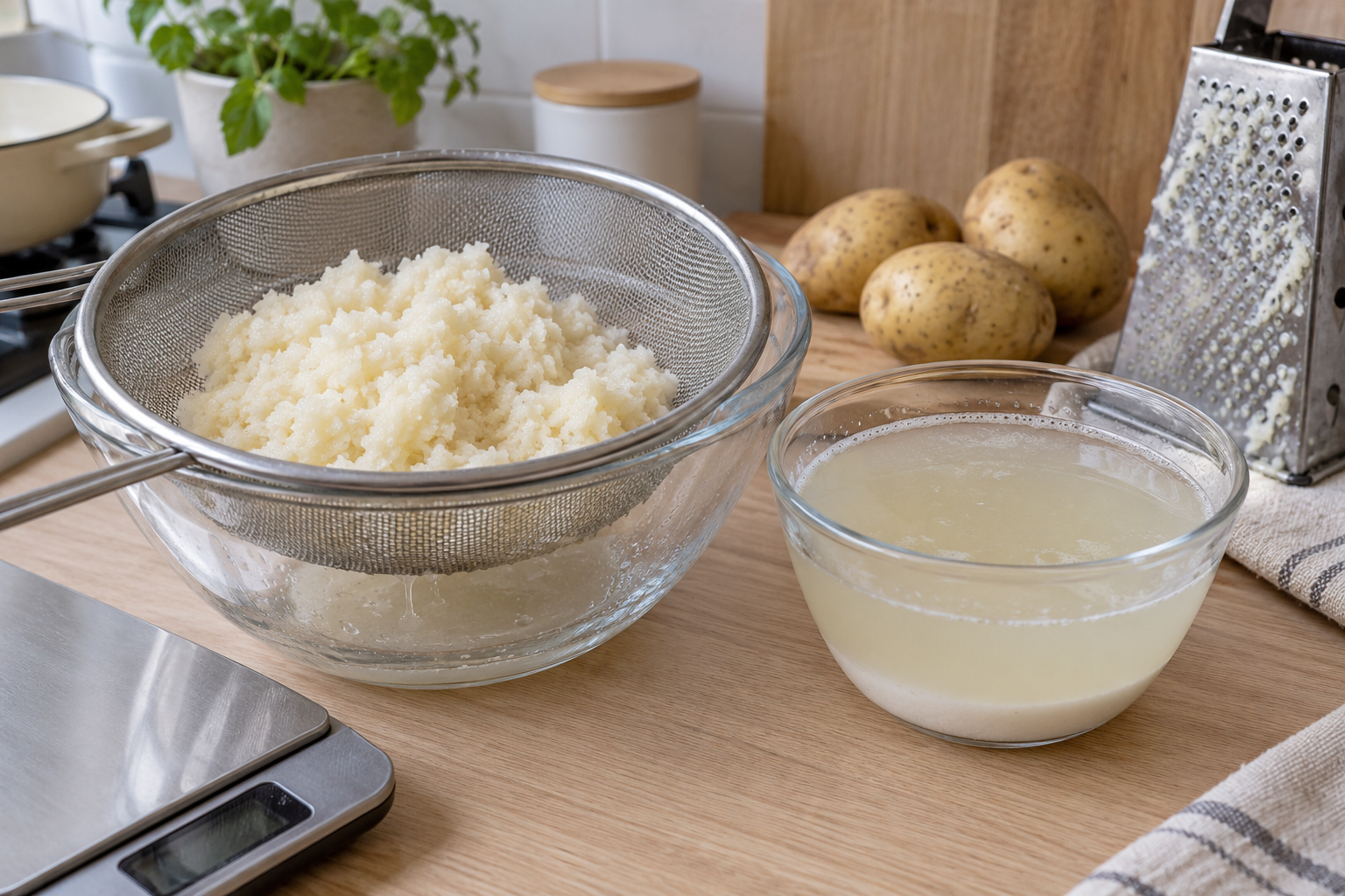 Grated potato in a sieve beside collected liquid and settled starch — AI-generated preparation illustration