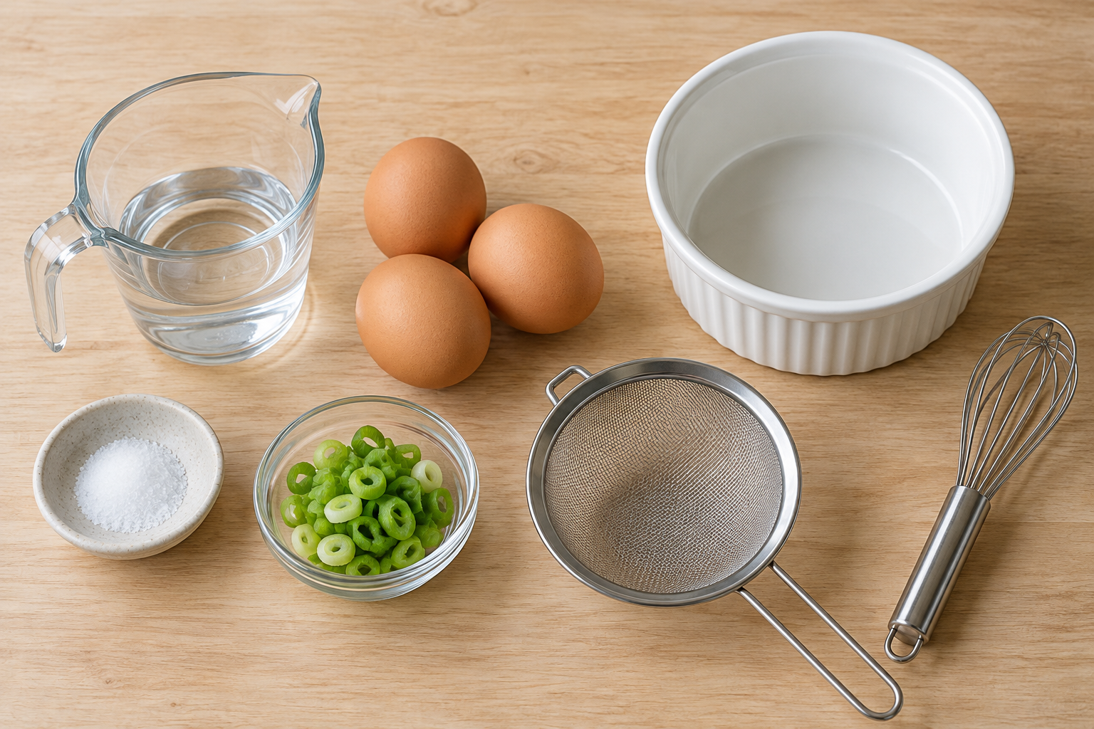 AI illustration of eggs, water, salt and scallion for gyeranjjim