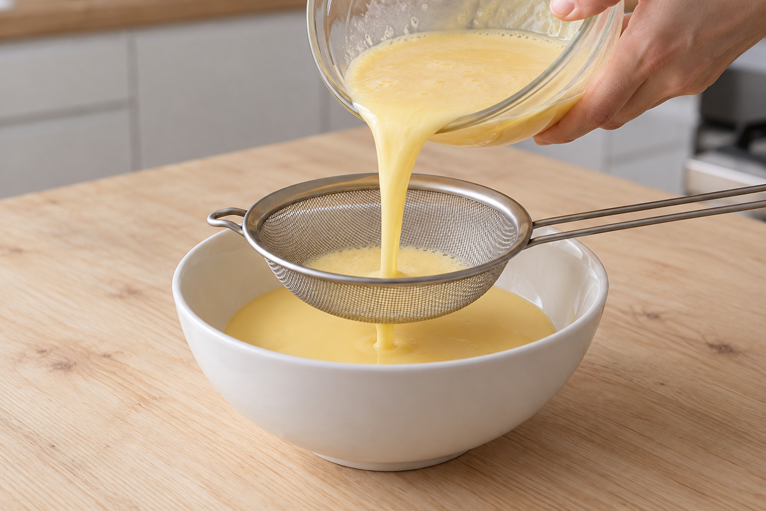 AI illustration of beaten egg mixture passing through a fine sieve