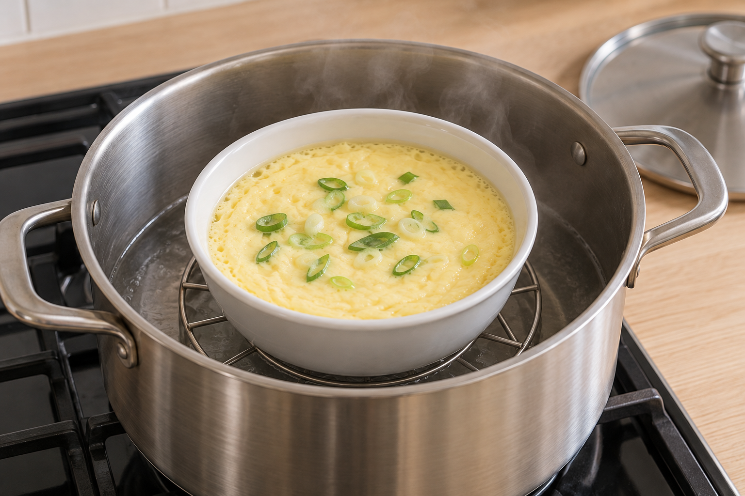 AI illustration of a heatproof egg bowl on a rack inside a steaming pot