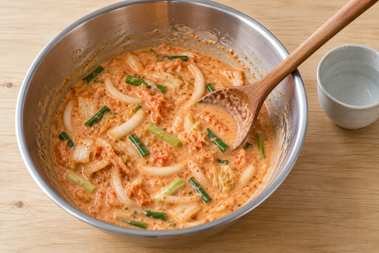 김치와 양파, 대파를 섞은 묽은 김치전 반죽 — AI 생성 예시