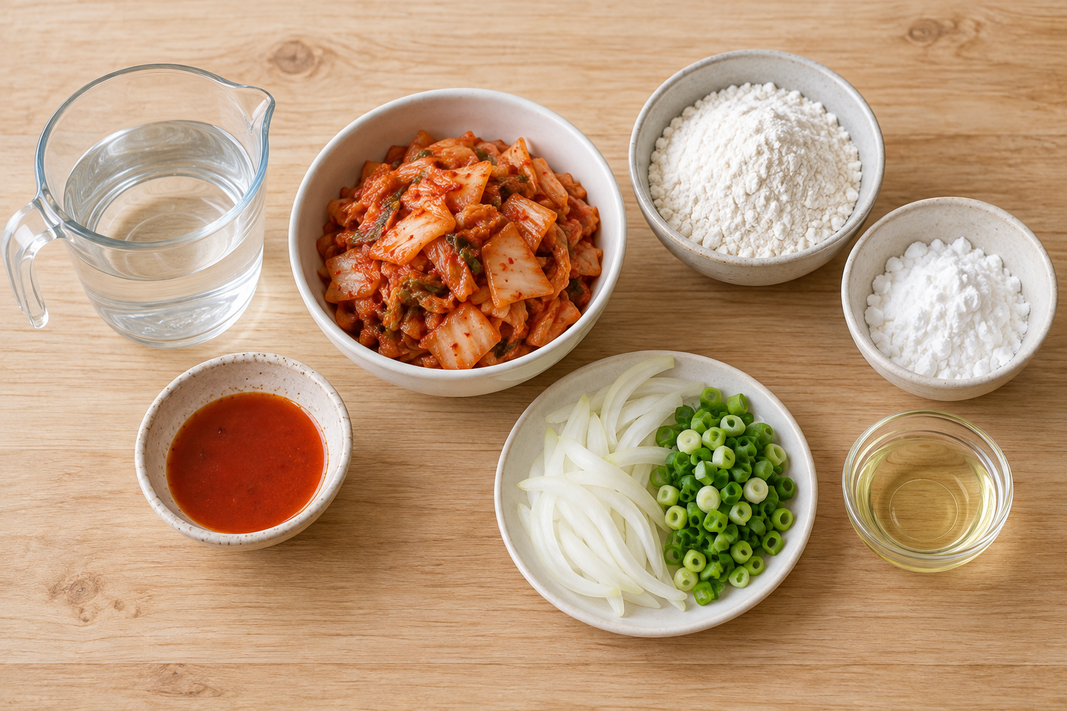 김치전 재료인 김치, 밀가루, 전분, 물, 김치 국물과 채소 — AI 생성 예시