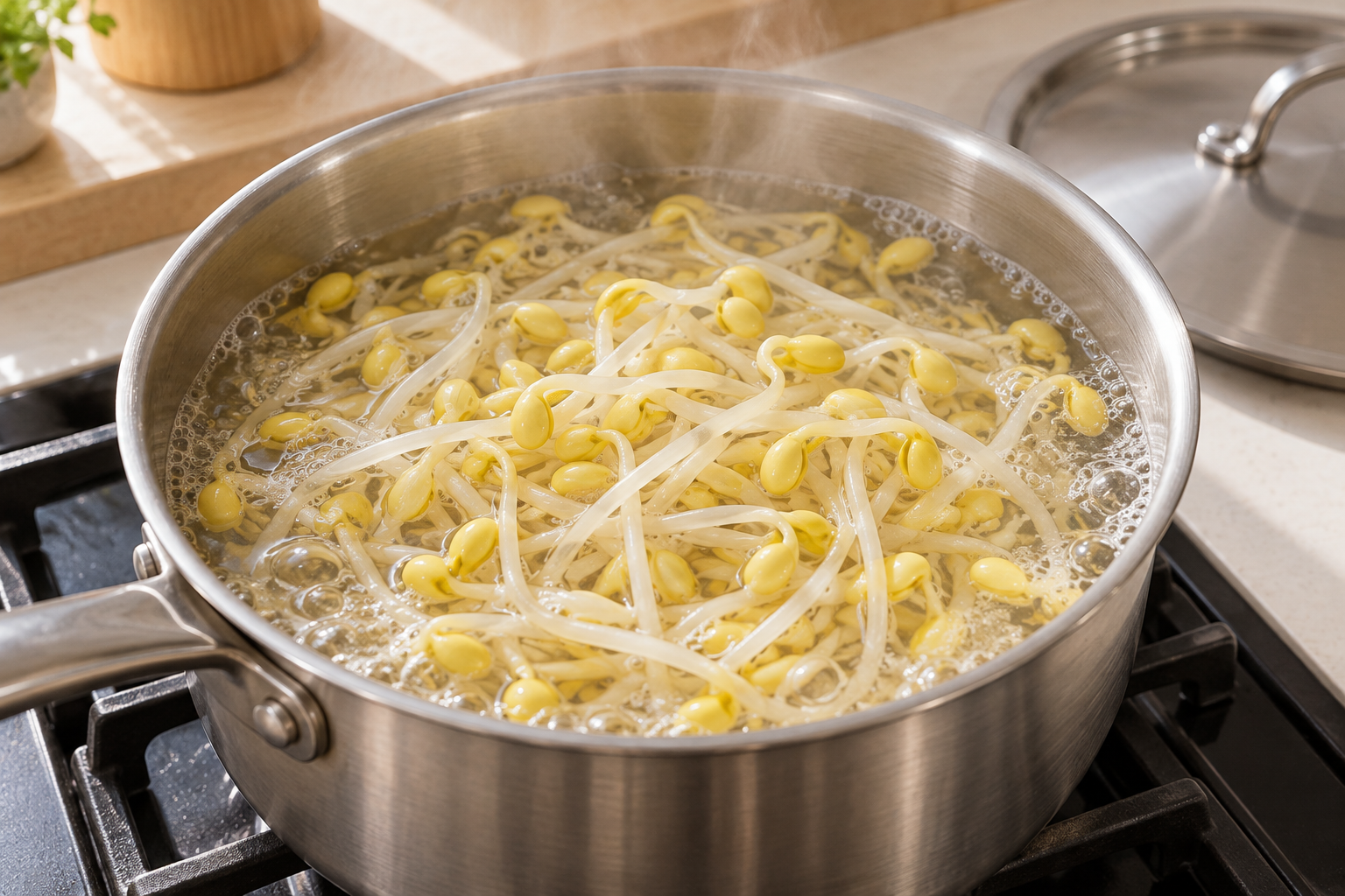 Soybean sprouts with yellow bean heads cooking in boiling water — AI-generated example