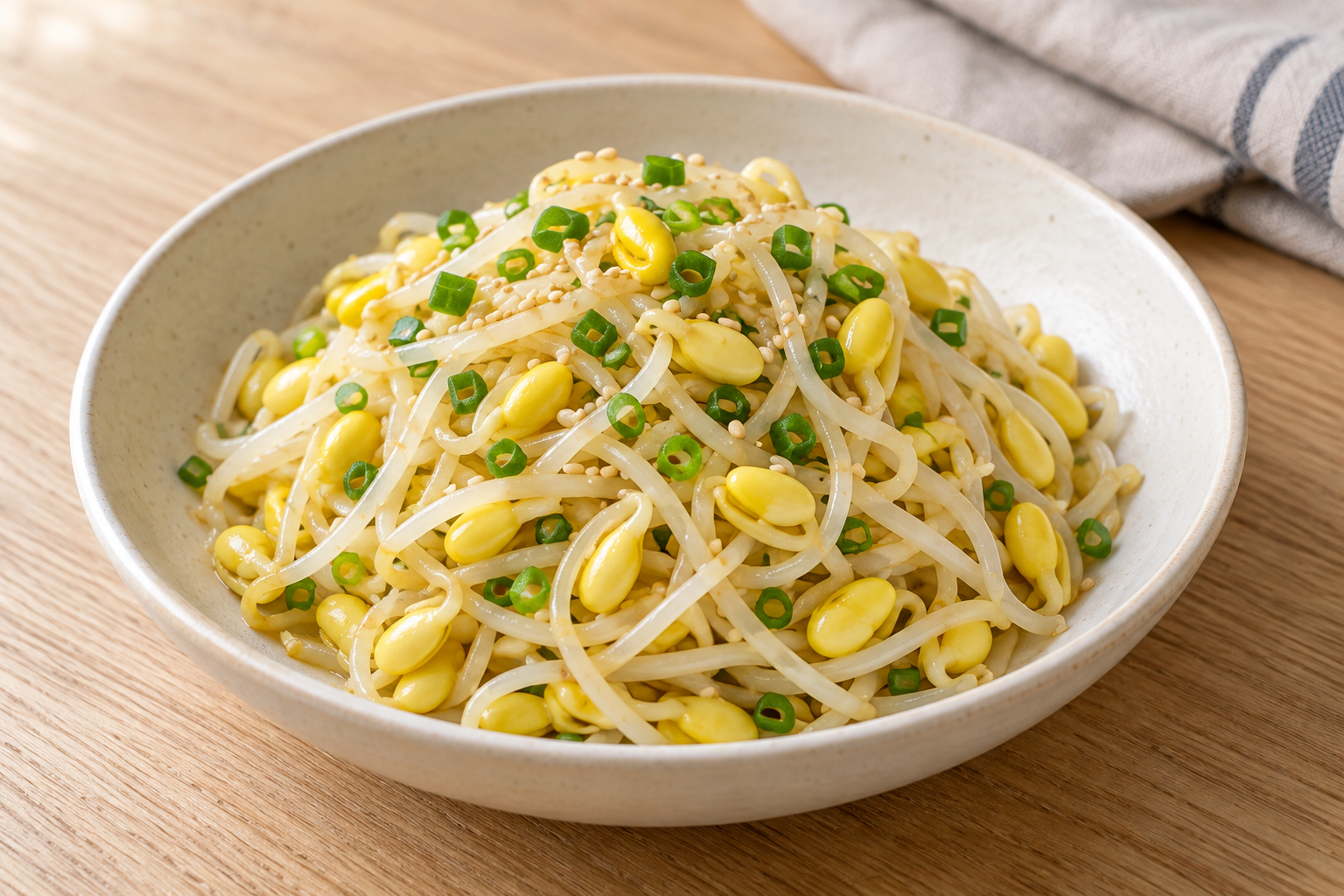 Mild Korean soybean sprout side dish served with scallion and sesame — AI-generated example
