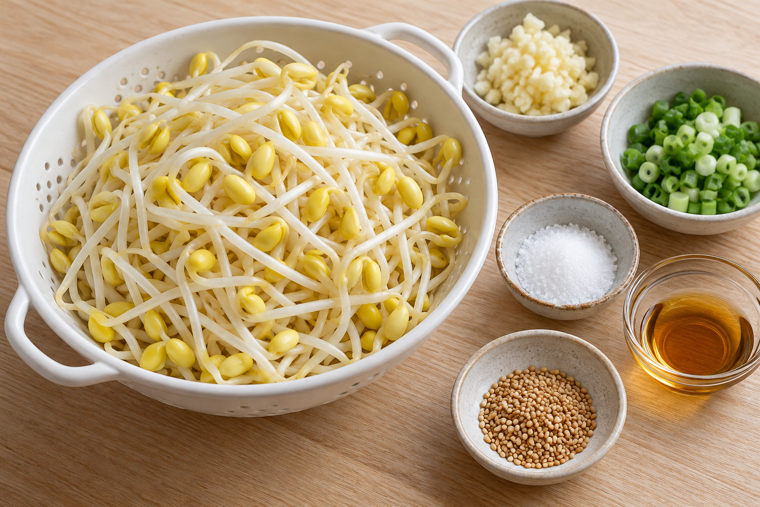 Yellow-headed soybean sprouts with garlic, scallion, salt, sesame oil and sesame seeds — AI-generated example