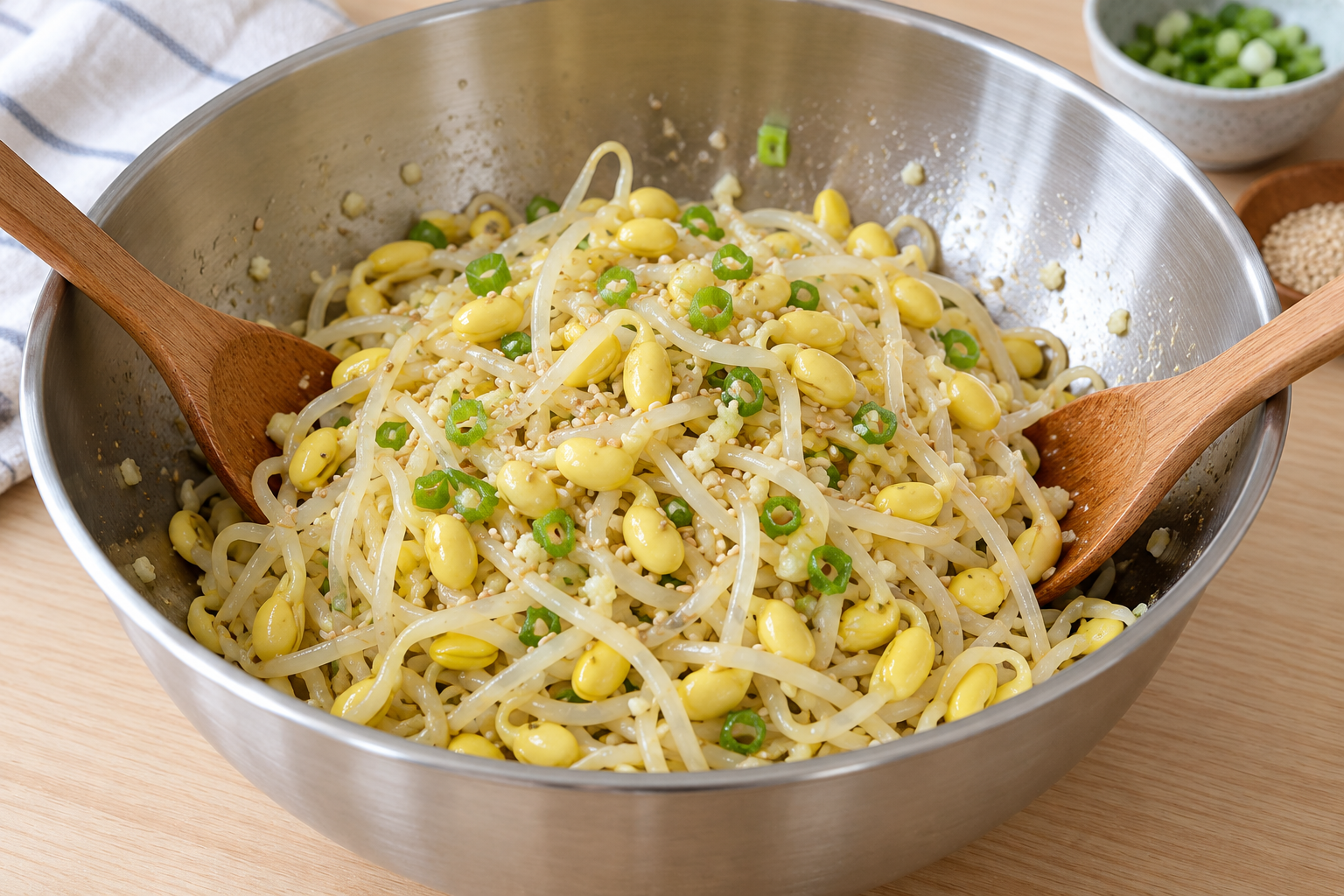 Drained cooked soybean sprouts with garlic, scallion and sesame in a mixing bowl — AI-generated example