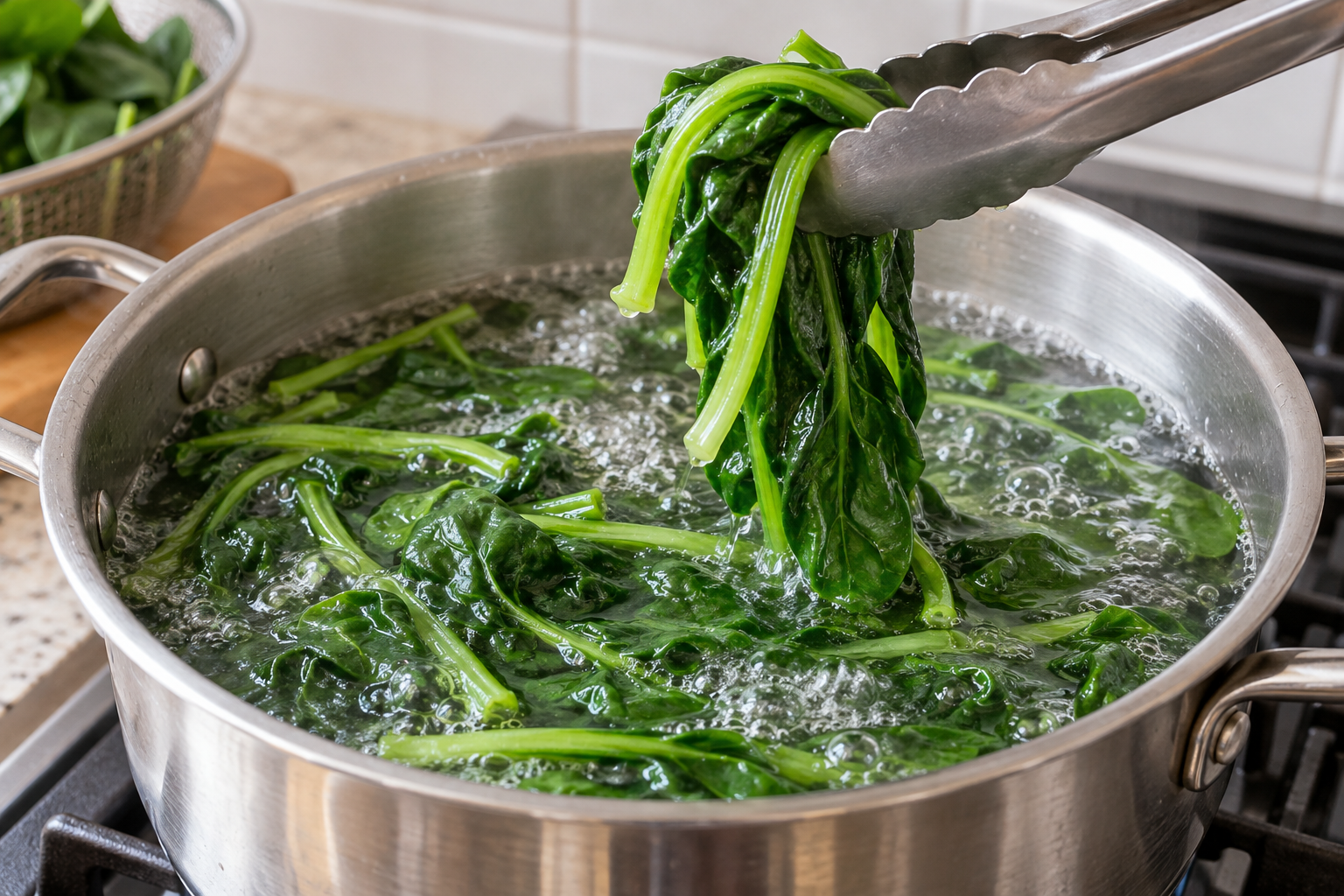 Spinach leaves and stems blanching briefly in boiling water — AI illustration