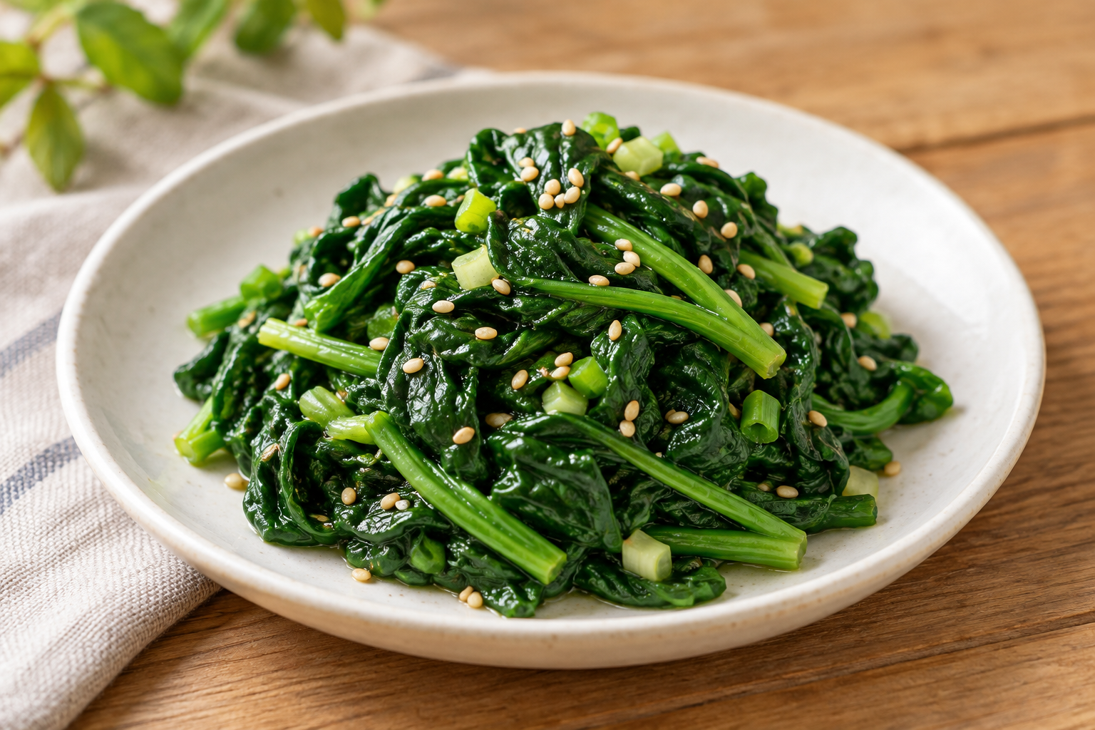 AI illustration of Korean seasoned spinach with sesame seeds and scallions