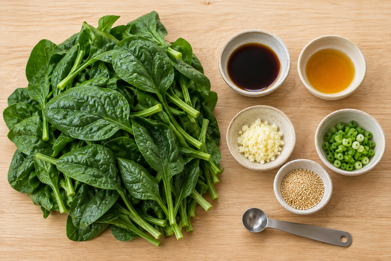 Fresh spinach, soy sauce, sesame oil, garlic, scallion and sesame seeds — AI illustration
