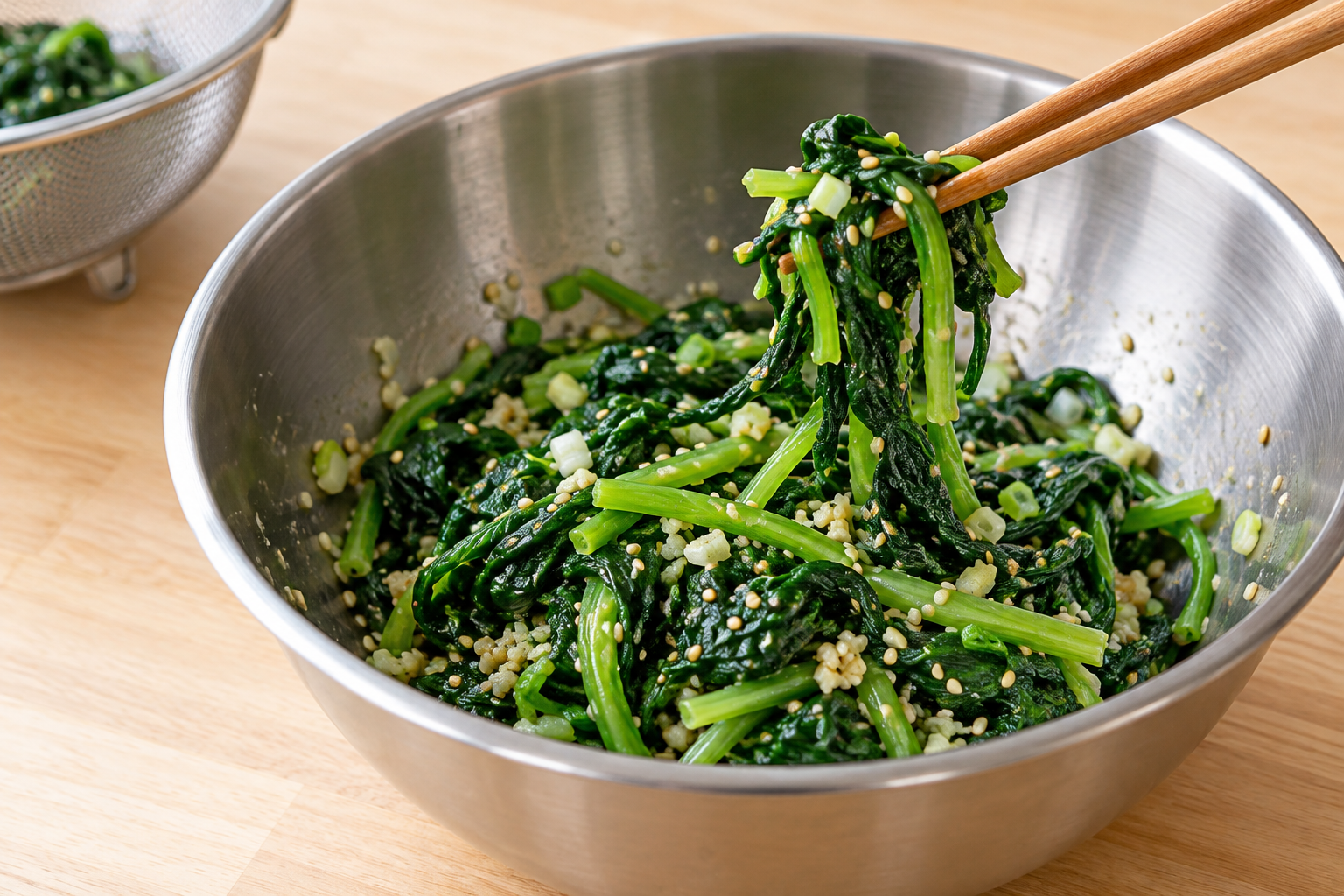 Drained spinach loosened and mixed with soy sauce, garlic and scallion — AI illustration