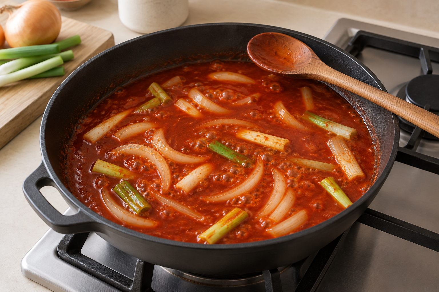 양파와 대파를 넣은 붉은 양념물을 팬에서 끓이는 모습 — AI 생성 예시